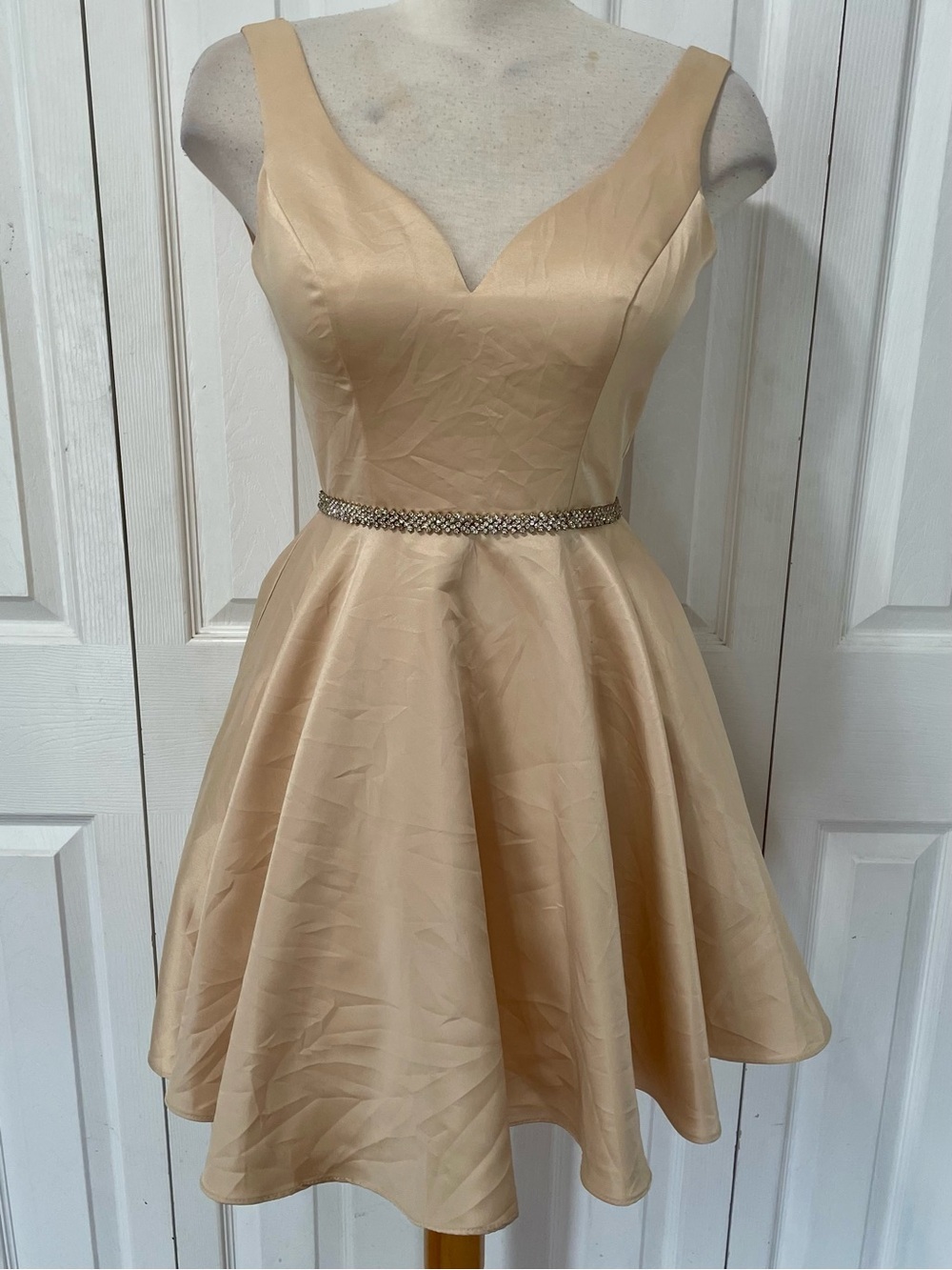 Dancing Queen Champagne Fit-and-Flare Mini Dress with Rhinestone Belt